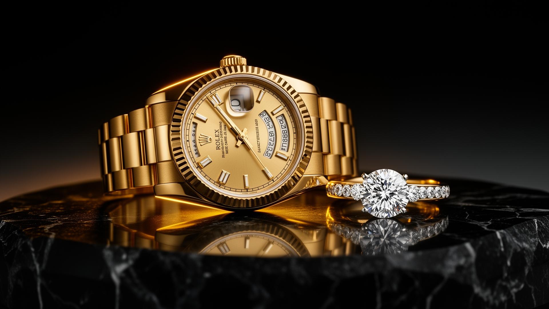 Luxury gold Rolex watch and diamond ring on black obsidian